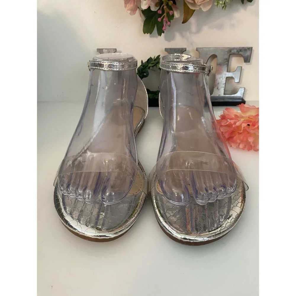 Clear Acrylic and Silver Faux Reptile Wild Diva Ankle Strap Sandals Size‎ 8/8.5